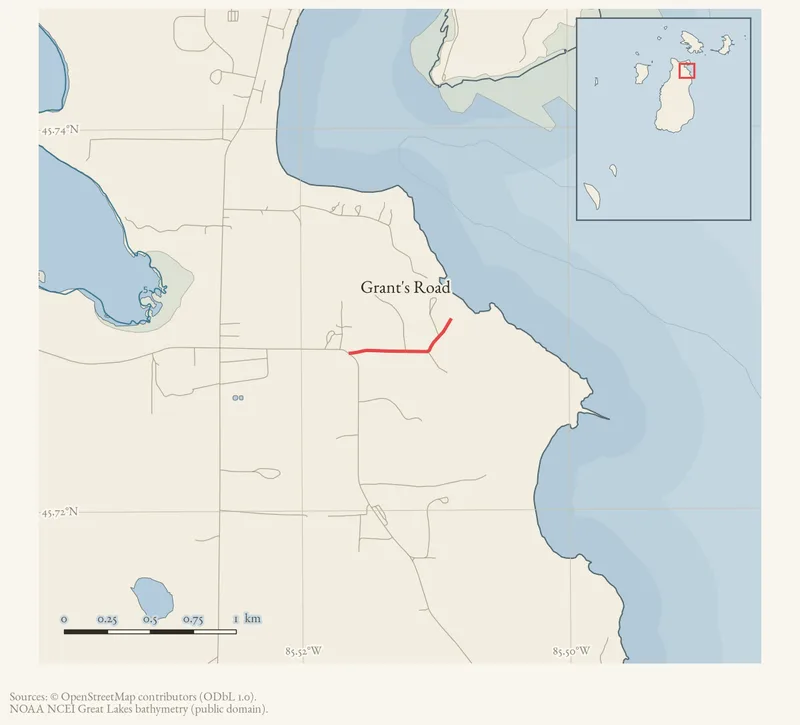 Locator map: Grant's Road highlighted within the Beaver Island archipelago