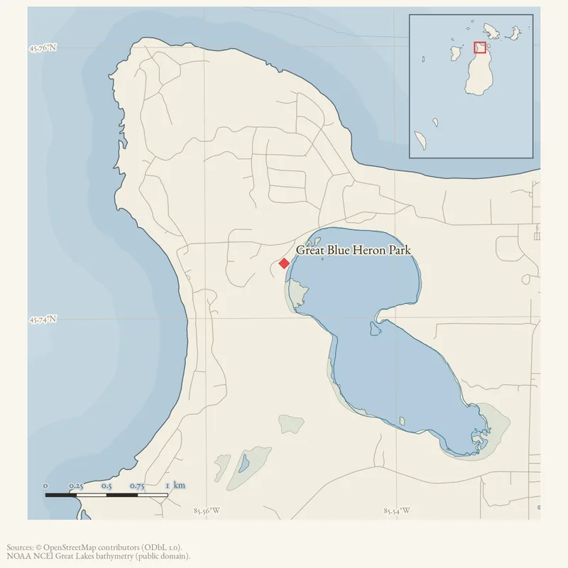 Locator map: Great Blue Heron Park highlighted within the Beaver Island archipelago