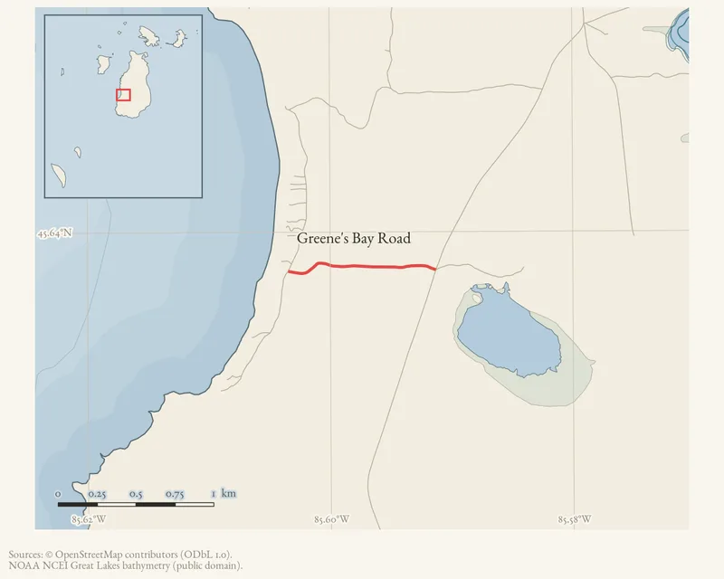 Locator map: Greene's Bay Road highlighted within the Beaver Island archipelago
