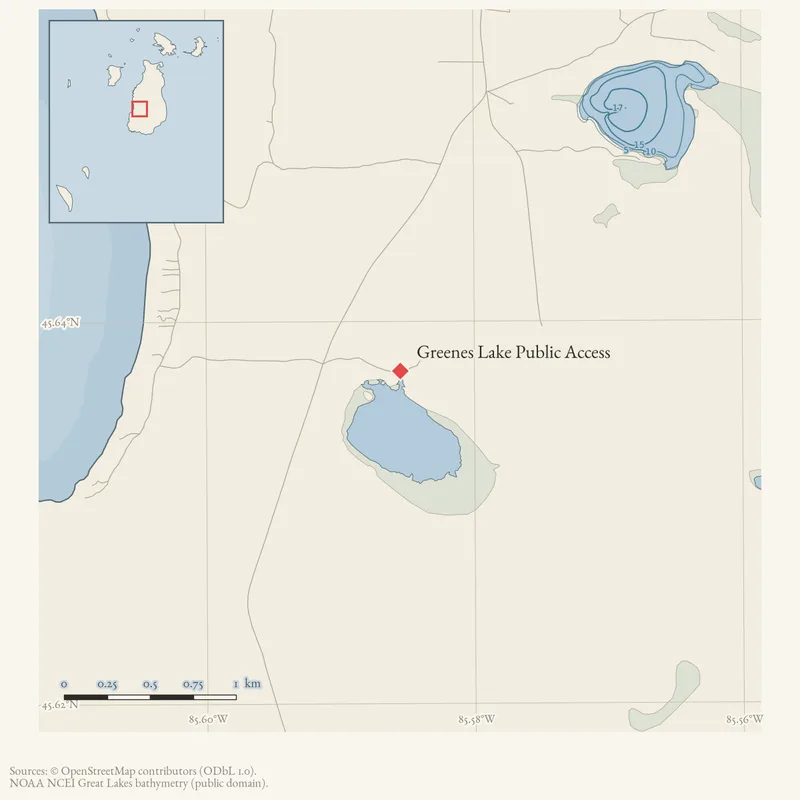 Locator map: Greenes Lake Public Access highlighted within the Beaver Island archipelago