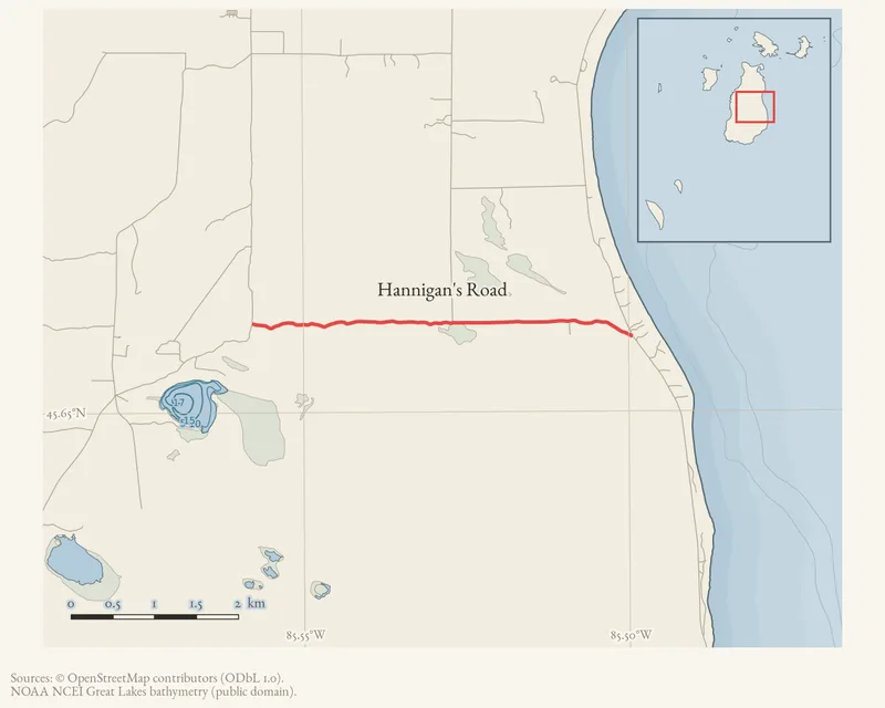 Locator map: Hannigan's Road highlighted within the Beaver Island archipelago