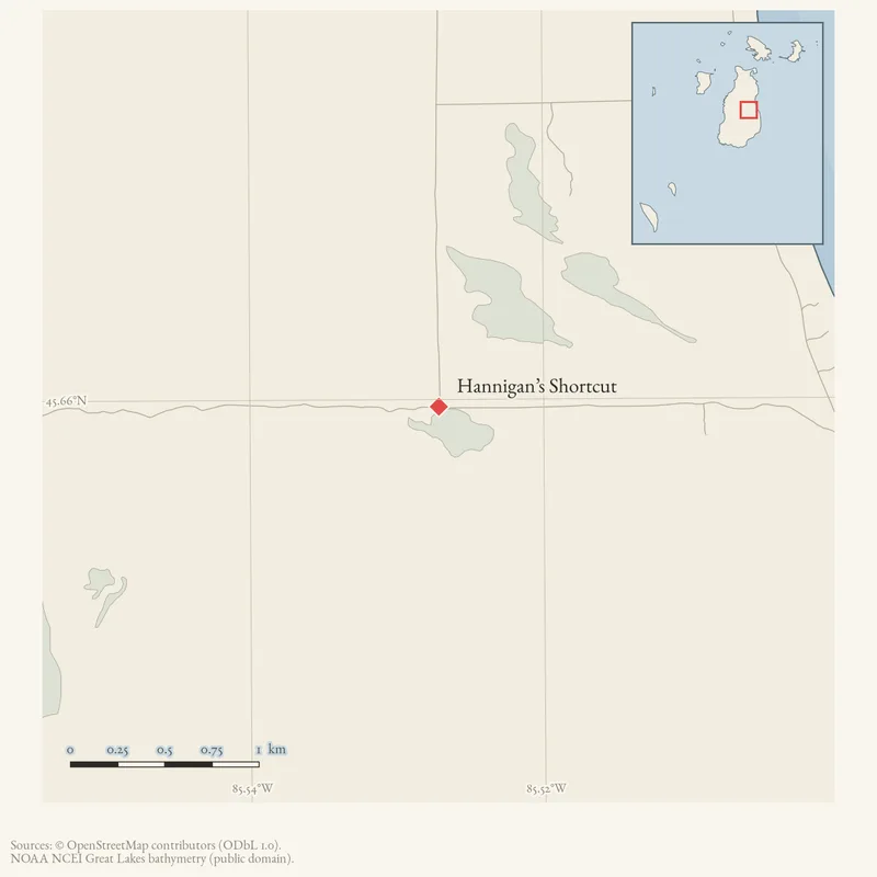 Locator map: Hannigan’s Shortcut highlighted within the Beaver Island archipelago