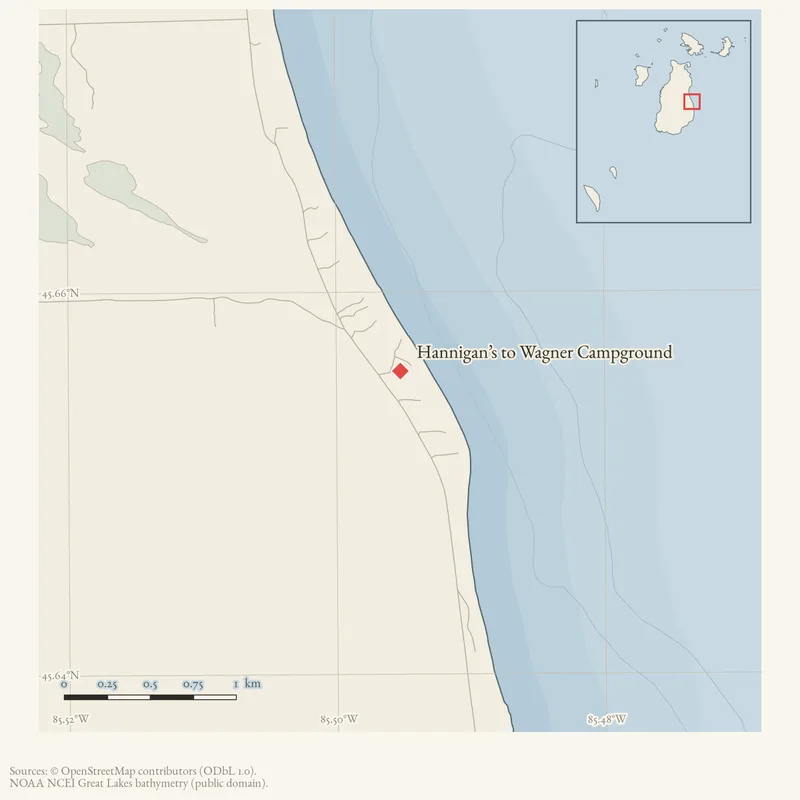 Locator map: Hannigan’s to Wagner Campground highlighted within the Beaver Island archipelago