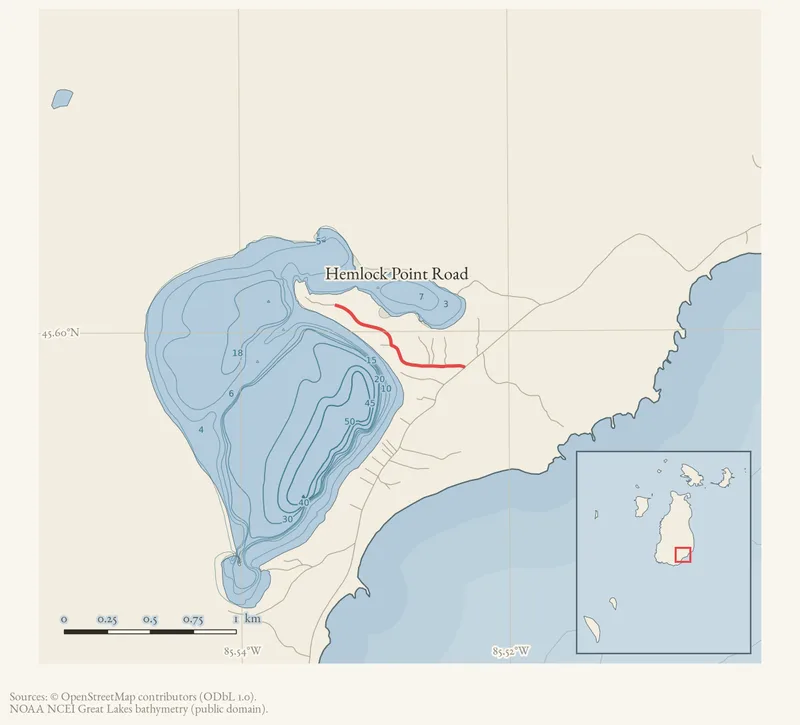 Locator map: Hemlock Point Road highlighted within the Beaver Island archipelago