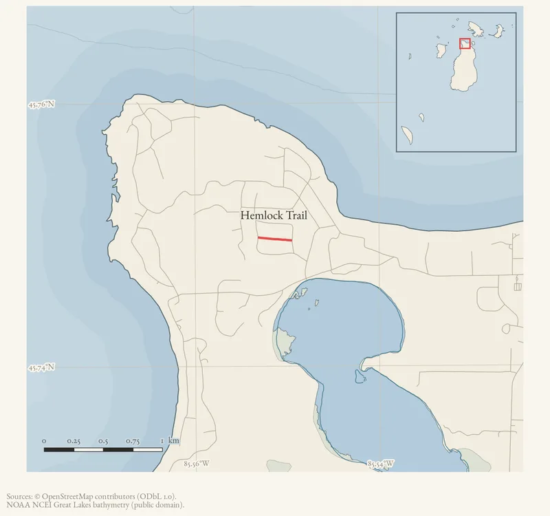 Locator map: Hemlock Trail highlighted within the Beaver Island archipelago