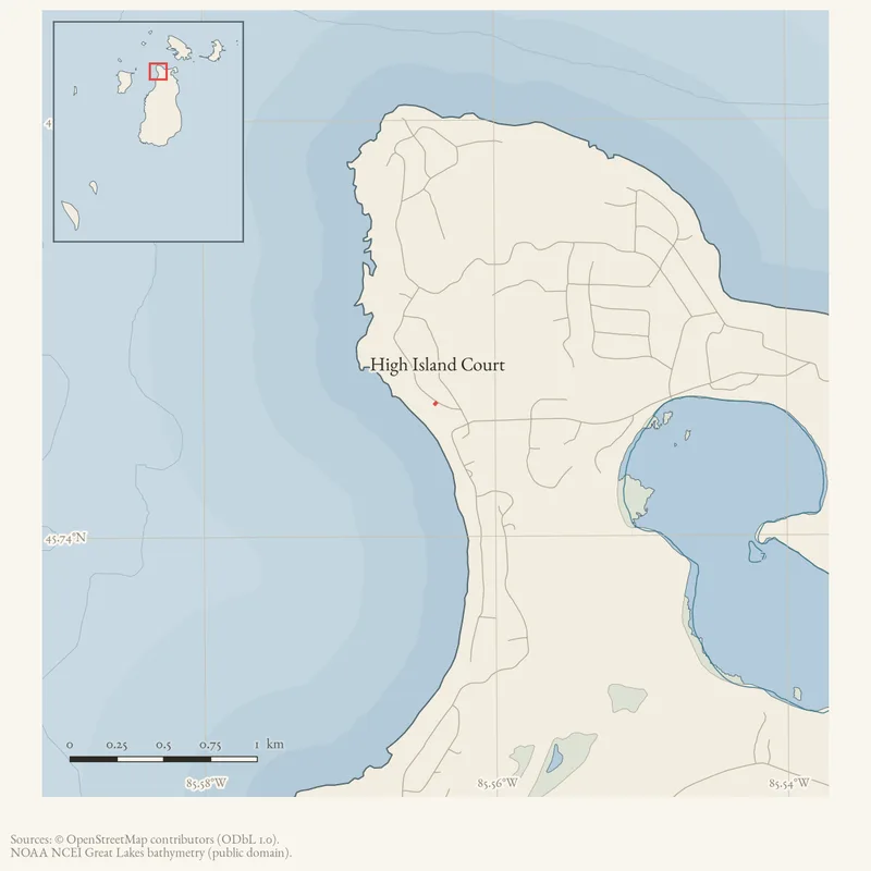 Locator map: High Island Court highlighted within the Beaver Island archipelago