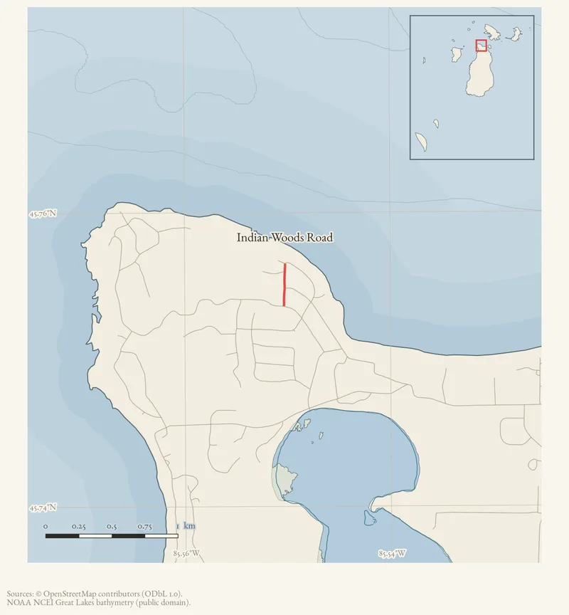 Locator map: Indian Woods Road highlighted within the Beaver Island archipelago