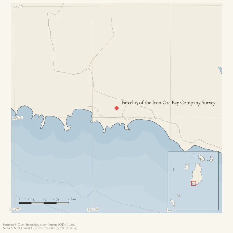 Locator map: Parcel 15 of the Iron Ore Bay Company Survey highlighted within the Beaver Island archipelago