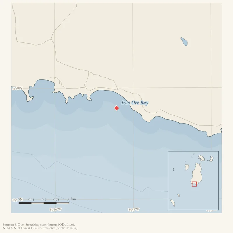 Locator map: Iron Ore Bay highlighted within the Beaver Island archipelago