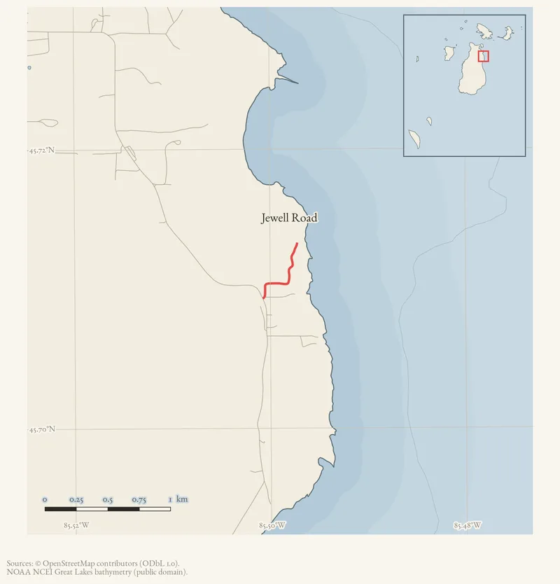 Locator map: Jewell Road highlighted within the Beaver Island archipelago