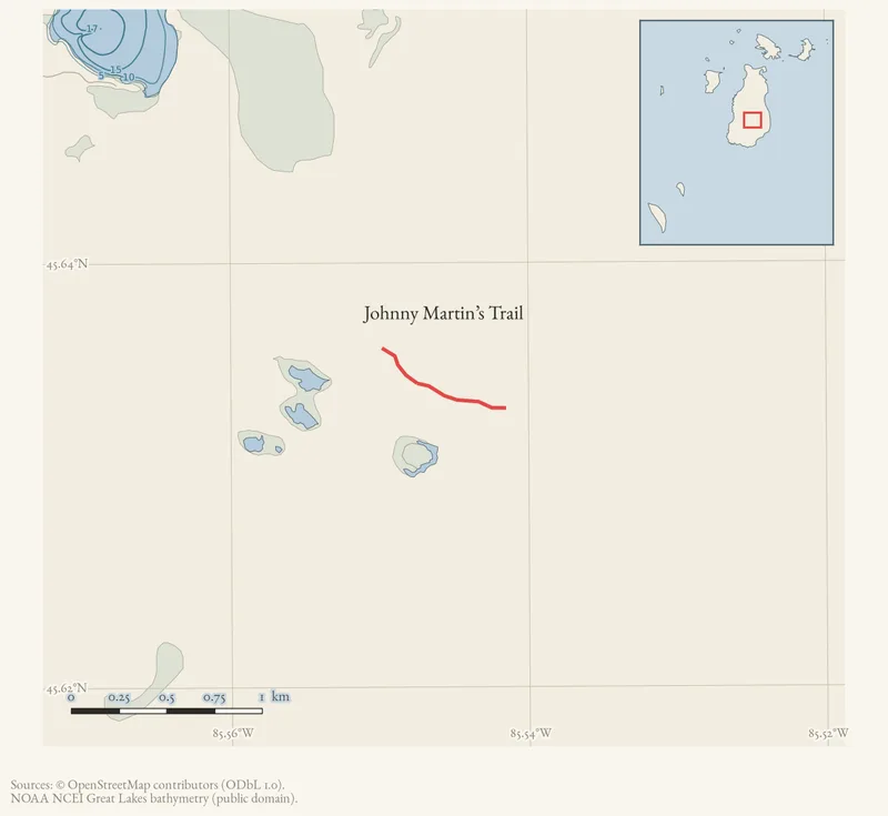 Locator map: Johnny Martin’s Trail highlighted within the Beaver Island archipelago
