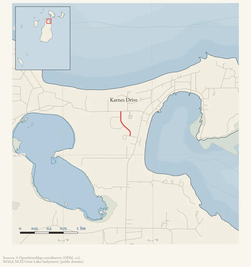 Locator map: Karnes Drive highlighted within the Beaver Island archipelago