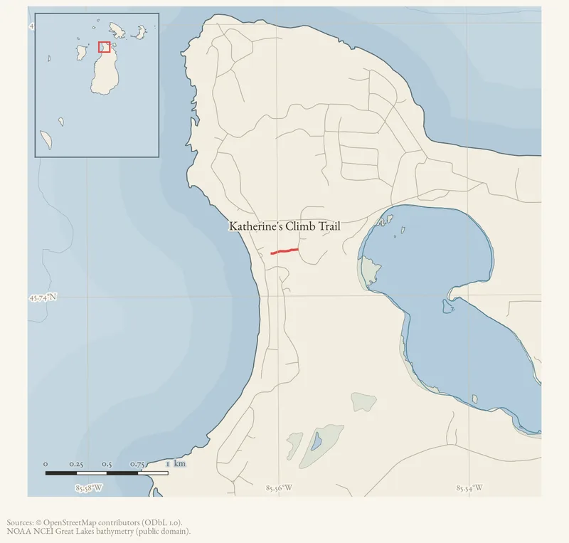 Locator map: Katherine's Climb Trail highlighted within the Beaver Island archipelago