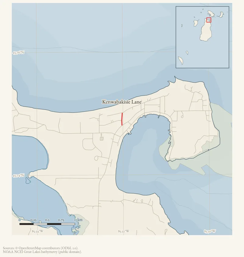 Locator map: Kenwabakisie Lane highlighted within the Beaver Island archipelago