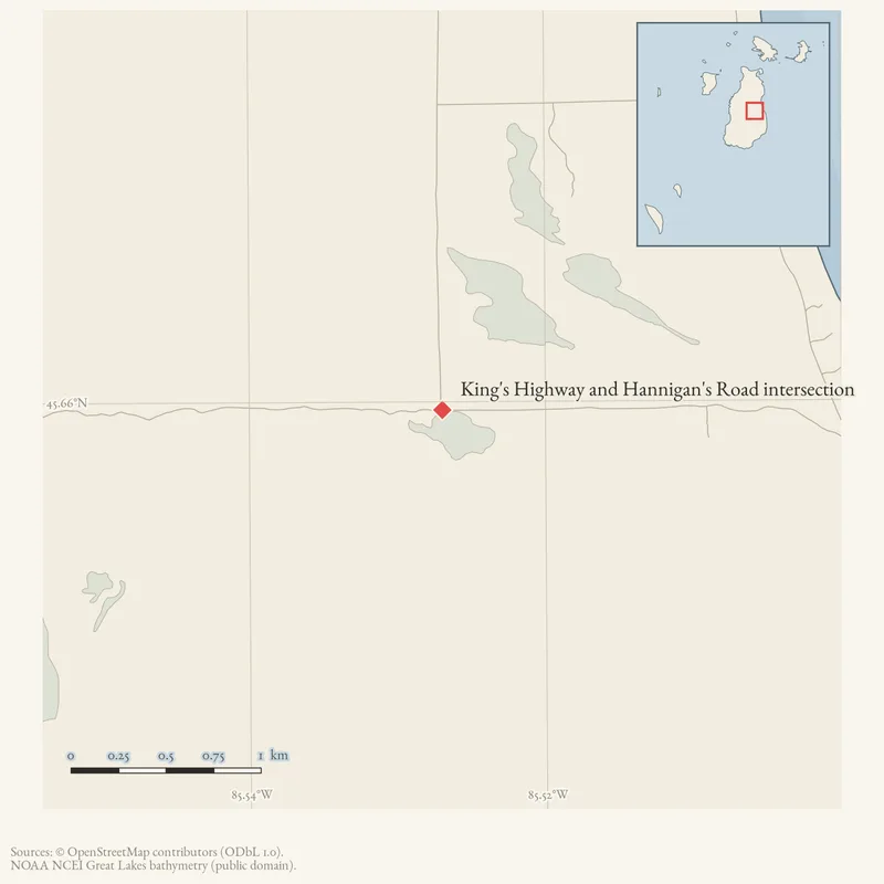 Locator map: King's Highway and Hannigan's Road intersection highlighted within the Beaver Island archipelago