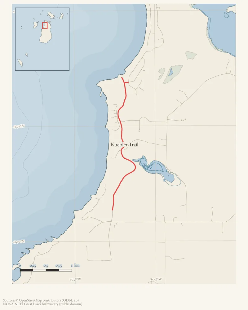 Locator map: Kuebler Trail highlighted within the Beaver Island archipelago