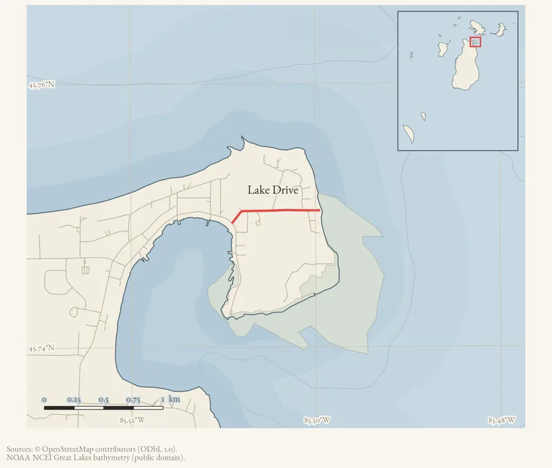 Locator map: Lake Drive highlighted within the Beaver Island archipelago