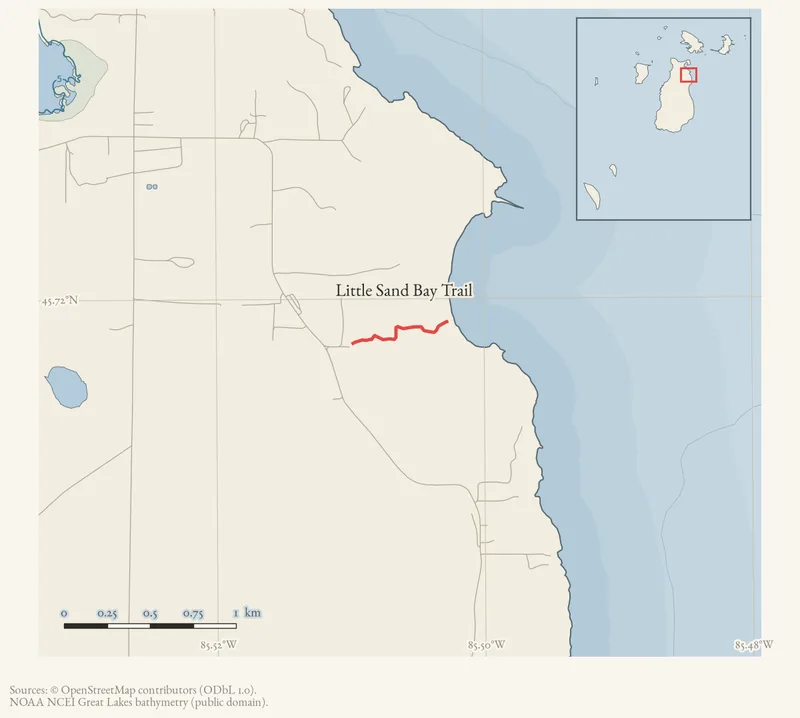 Locator map: Little Sand Bay Trail highlighted within the Beaver Island archipelago