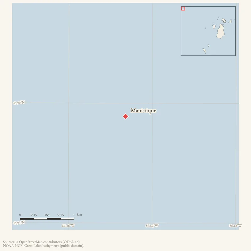Locator map: Manistique highlighted within the Beaver Island archipelago