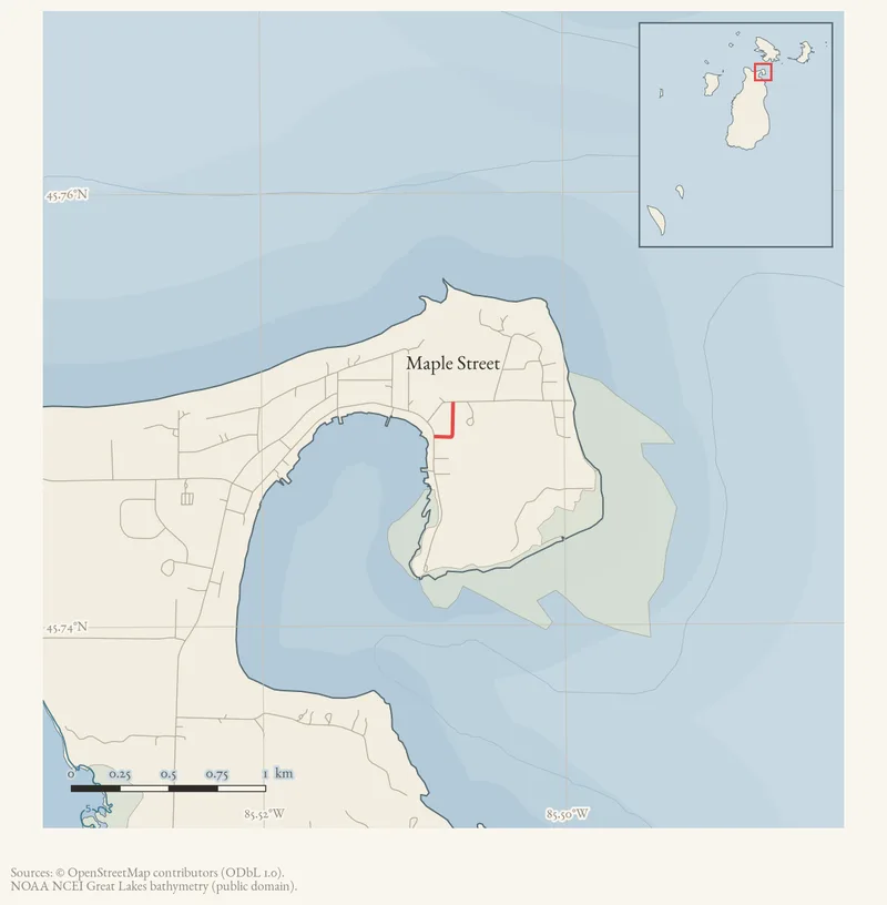 Locator map: Maple Street highlighted within the Beaver Island archipelago