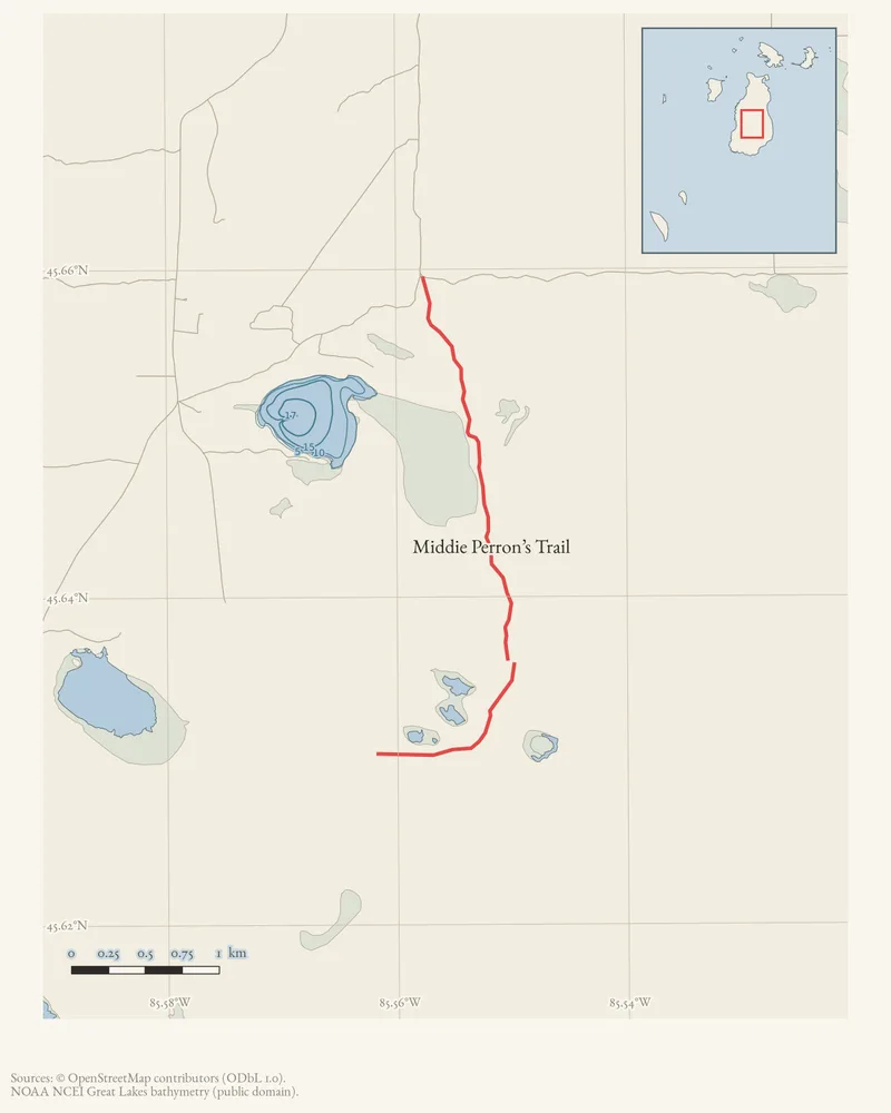 Locator map: Middie Perron’s Trail highlighted within the Beaver Island archipelago