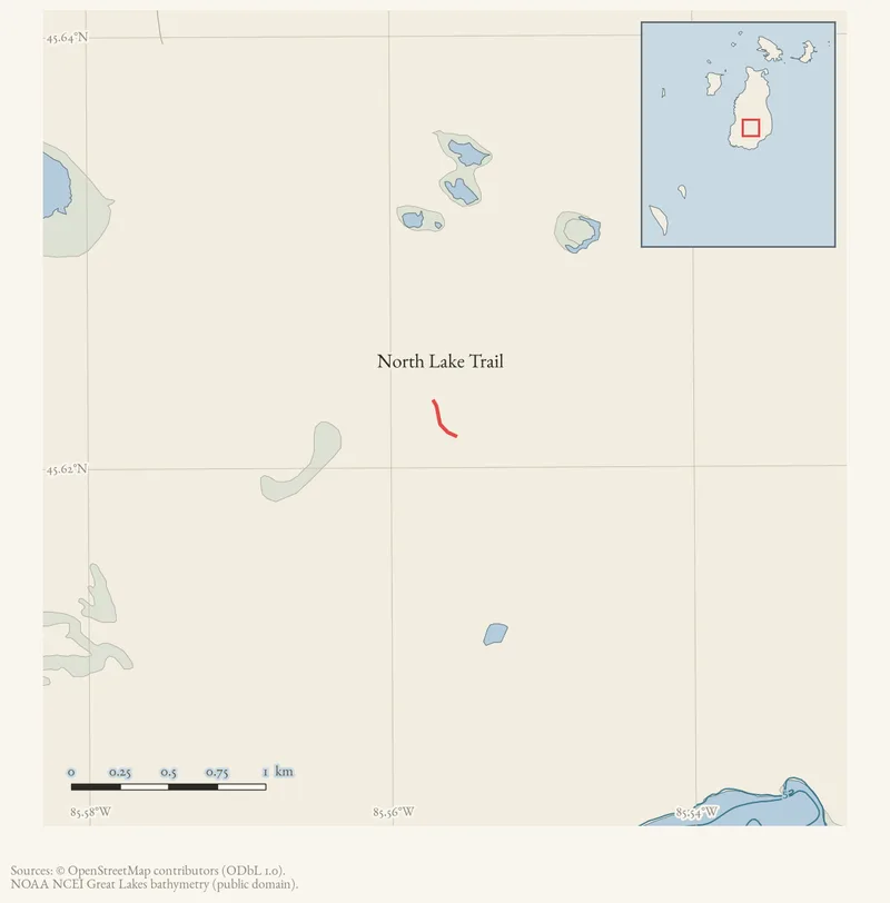 Locator map: North Lake Trail highlighted within the Beaver Island archipelago