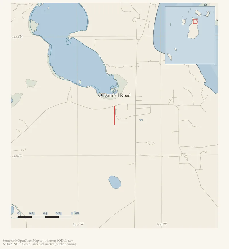 Locator map: O'Donnell Road highlighted within the Beaver Island archipelago