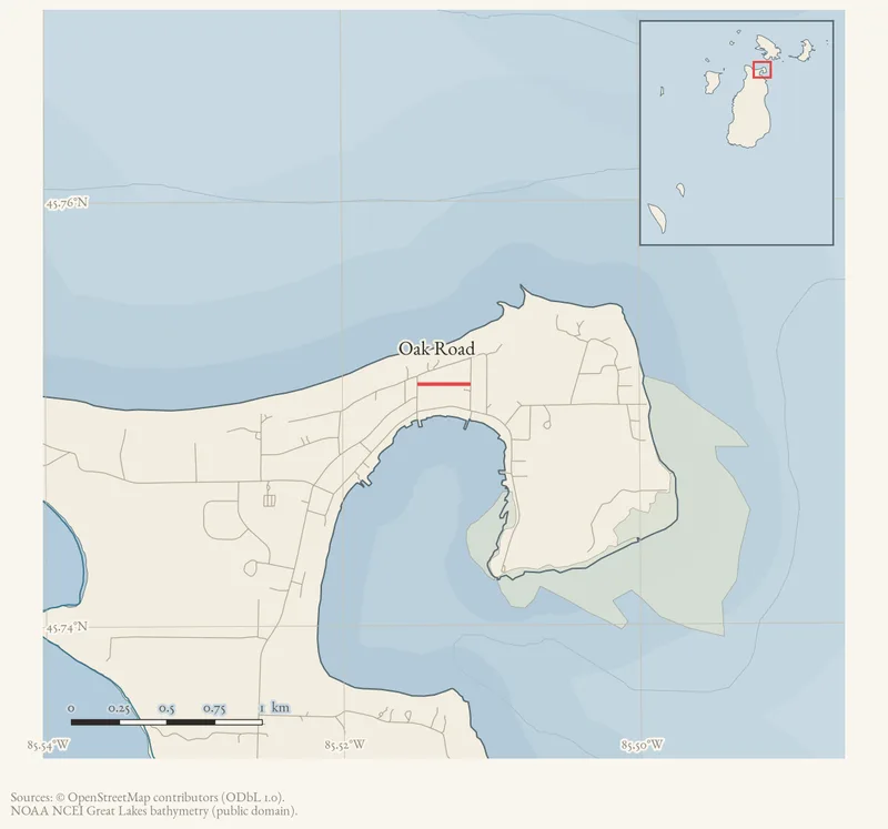 Locator map: Oak Road highlighted within the Beaver Island archipelago