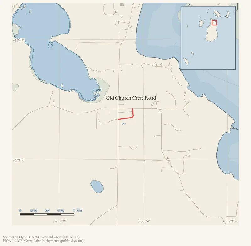 Locator map: Old Church Crest Road highlighted within the Beaver Island archipelago