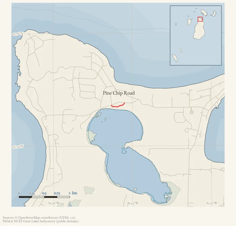 Locator map: Pine Chip Road highlighted within the Beaver Island archipelago