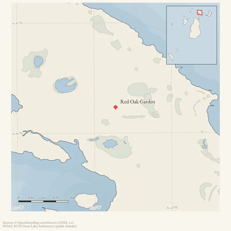 Locator map: Red Oak Garden highlighted within the Beaver Island archipelago