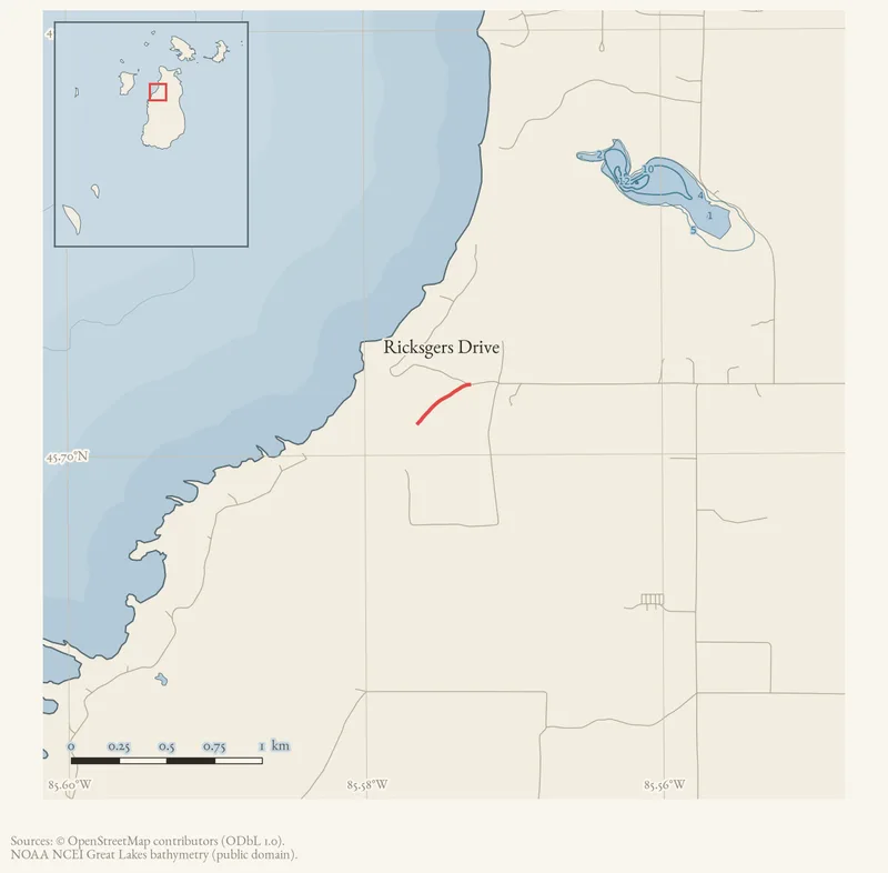 Locator map: Ricksgers Drive highlighted within the Beaver Island archipelago