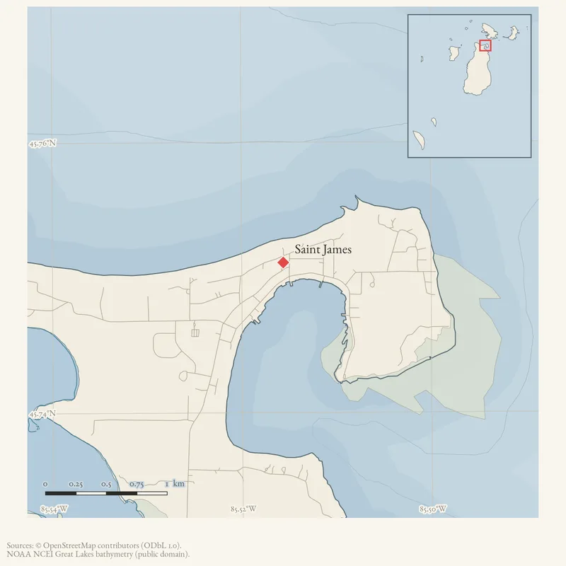 Locator map: Saint James highlighted within the Beaver Island archipelago