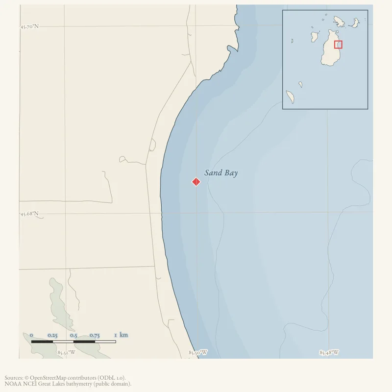 Locator map: Sand Bay highlighted within the Beaver Island archipelago