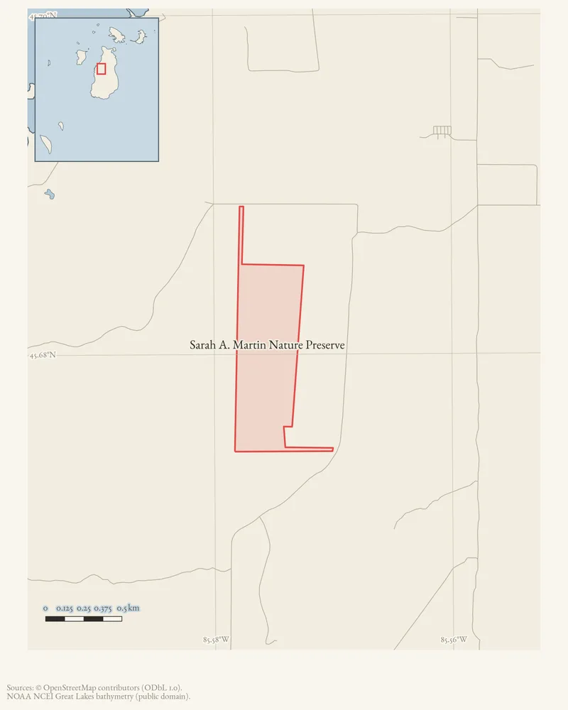 Locator map: Sarah A. Martin Nature Preserve highlighted within the Beaver Island archipelago