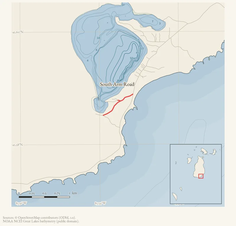 Locator map: South Arm Road highlighted within the Beaver Island archipelago
