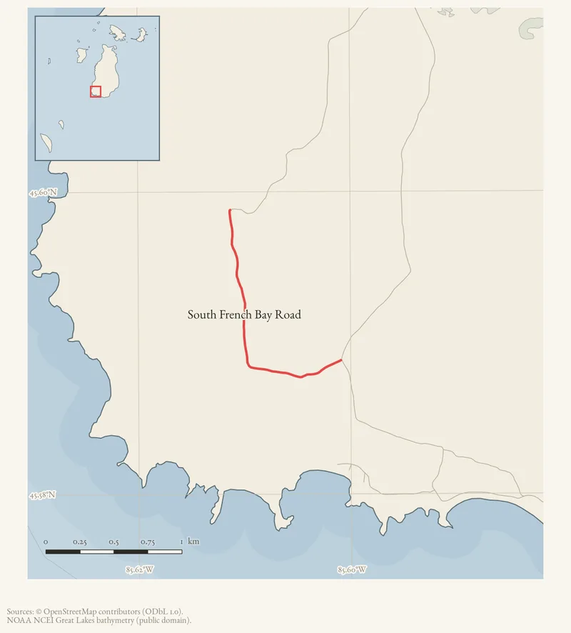 Locator map: South French Bay Road highlighted within the Beaver Island archipelago