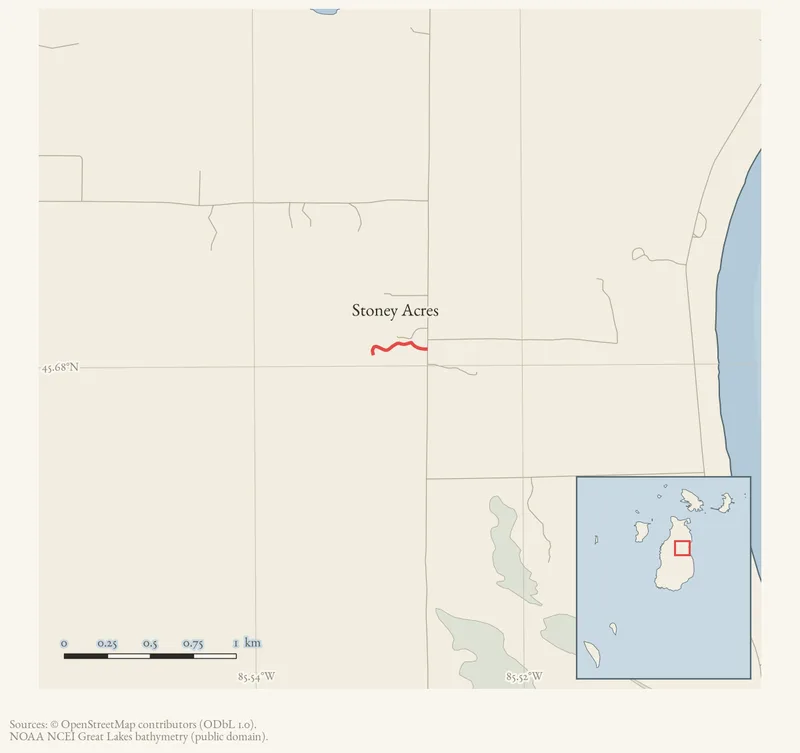 Locator map: Stoney Acres highlighted within the Beaver Island archipelago