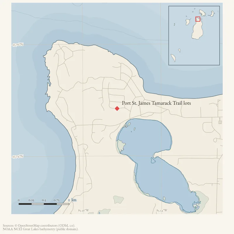 Locator map: Port St. James Tamarack Trail lots highlighted within the Beaver Island archipelago