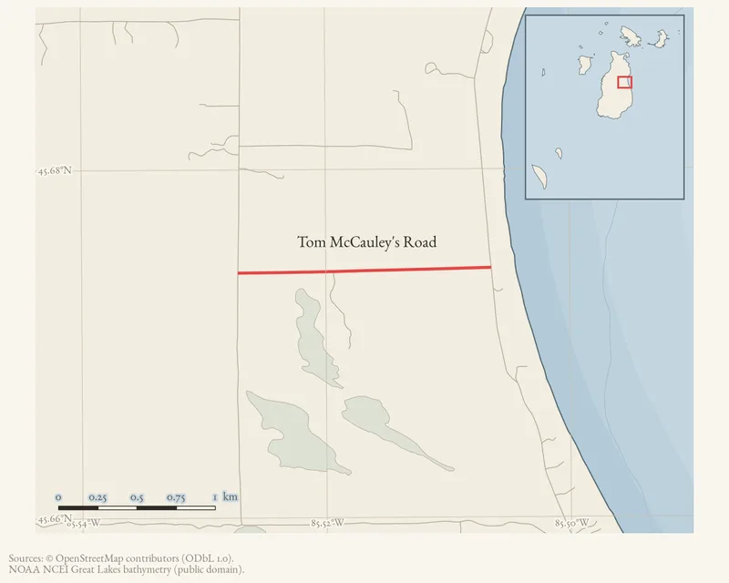 Locator map: Tom McCauley's Road highlighted within the Beaver Island archipelago