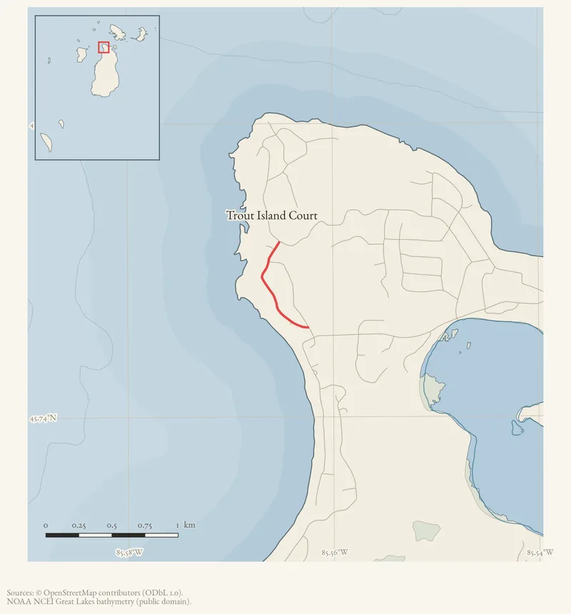 Locator map: Trout Island Court highlighted within the Beaver Island archipelago