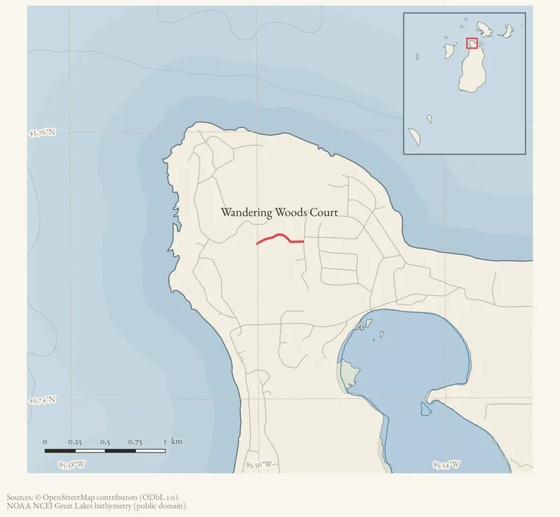Locator map: Wandering Woods Court highlighted within the Beaver Island archipelago