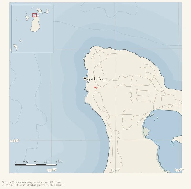 Locator map: Wayside Court highlighted within the Beaver Island archipelago