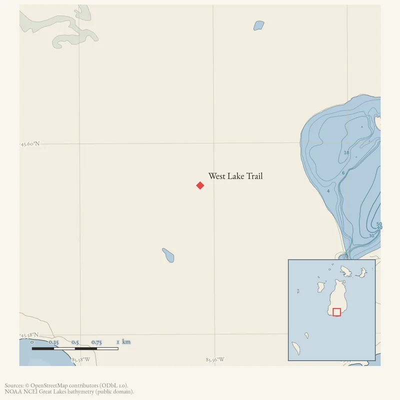 Locator map: West Lake Trail highlighted within the Beaver Island archipelago
