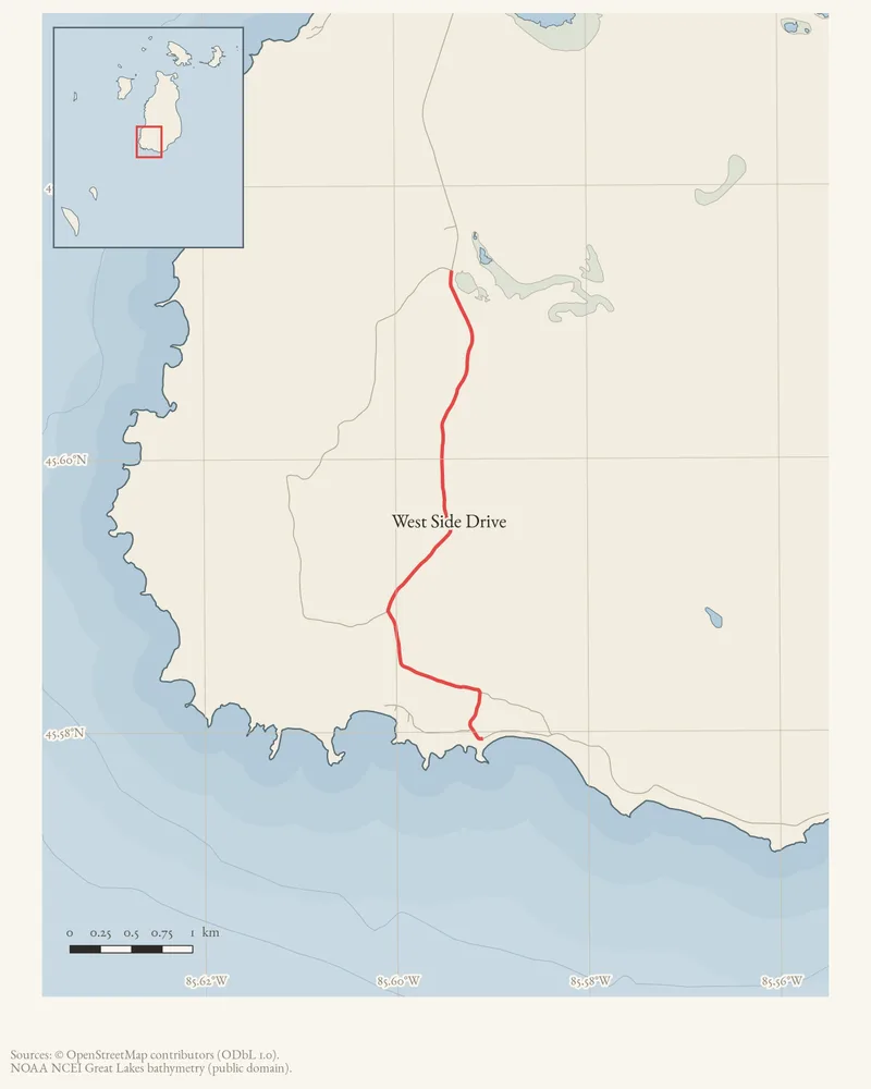 Locator map: West Side Drive highlighted within the Beaver Island archipelago