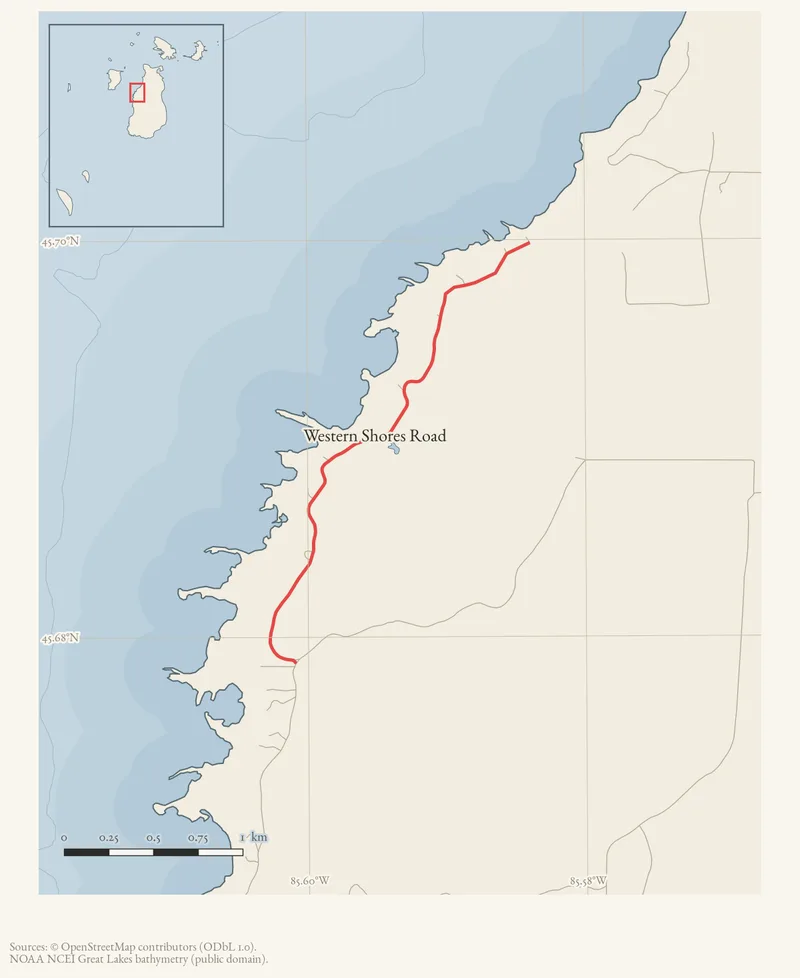 Locator map: Western Shores Road highlighted within the Beaver Island archipelago