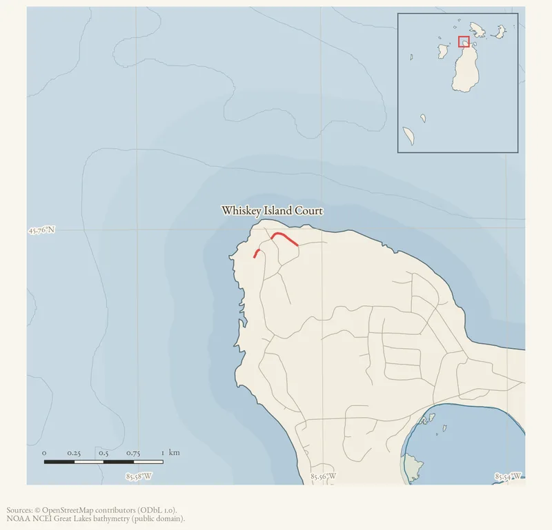 Locator map: Whiskey Island Court highlighted within the Beaver Island archipelago