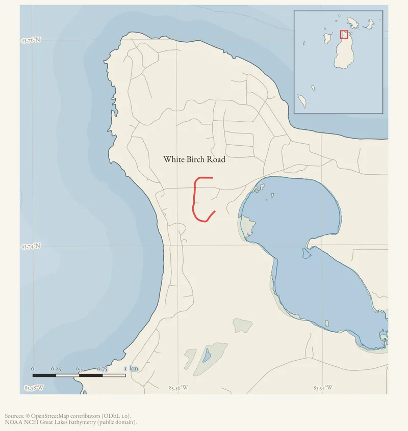 Locator map: White Birch Road highlighted within the Beaver Island archipelago