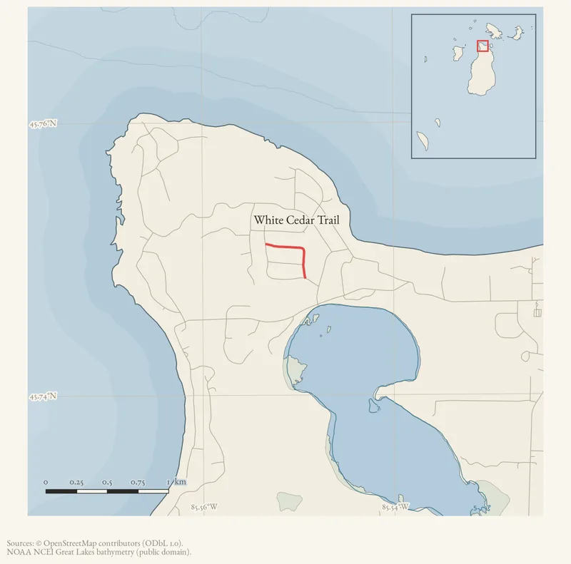 Locator map: White Cedar Trail highlighted within the Beaver Island archipelago
