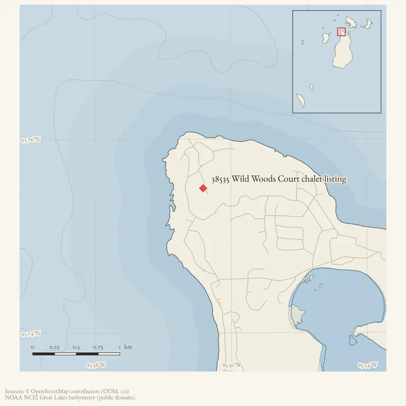 Locator map: 38535 Wild Woods Court chalet listing highlighted within the Beaver Island archipelago